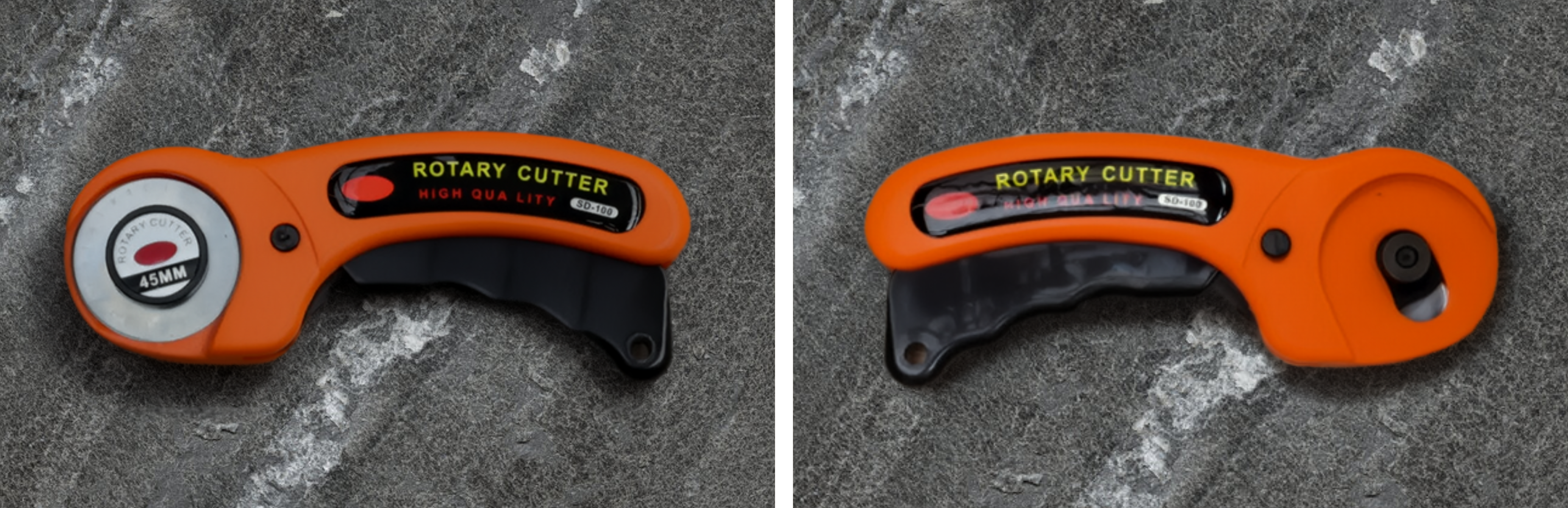 Orange rotary cutter on a textured gray background