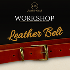 Red leather belt with gold buckle on a black background, featuring 'Leather4Craft' branding.
