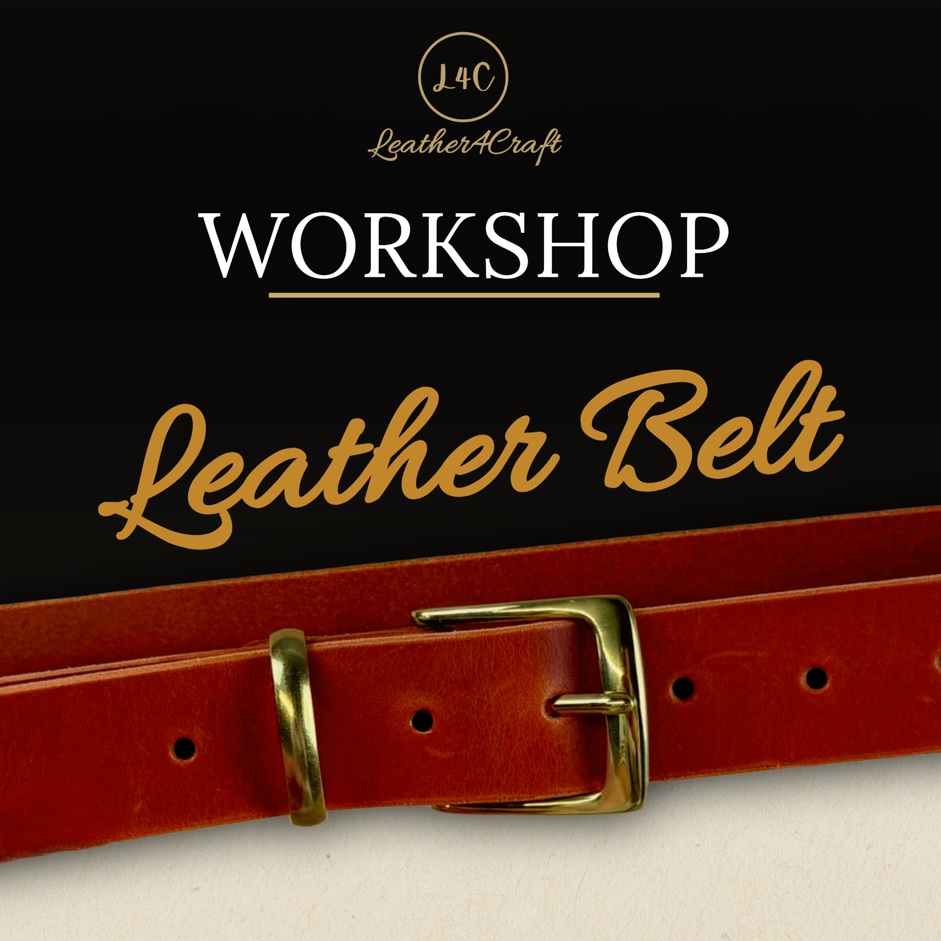 Red leather belt with gold buckle on a black background, featuring 'Leather4Craft' branding.