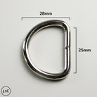 A polished silver metal D-ring shown on a light gray background with dimension lines indicating 28mm width and 30mm height.