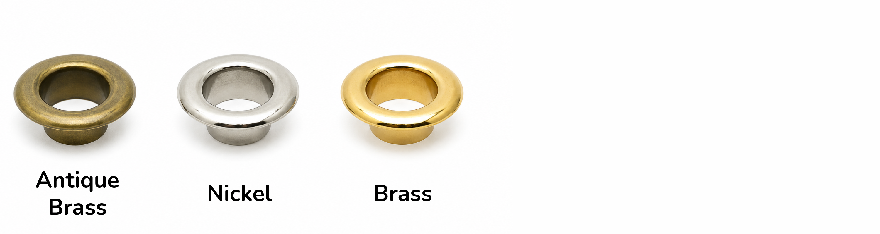 Three metal eyelets shown side by side on a white background, labeled Antique Brass, Nickel, and Brass.