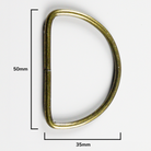 Brass D-ring with measurements on a white background
