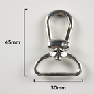 Metal swivel hook with measurements on a white background