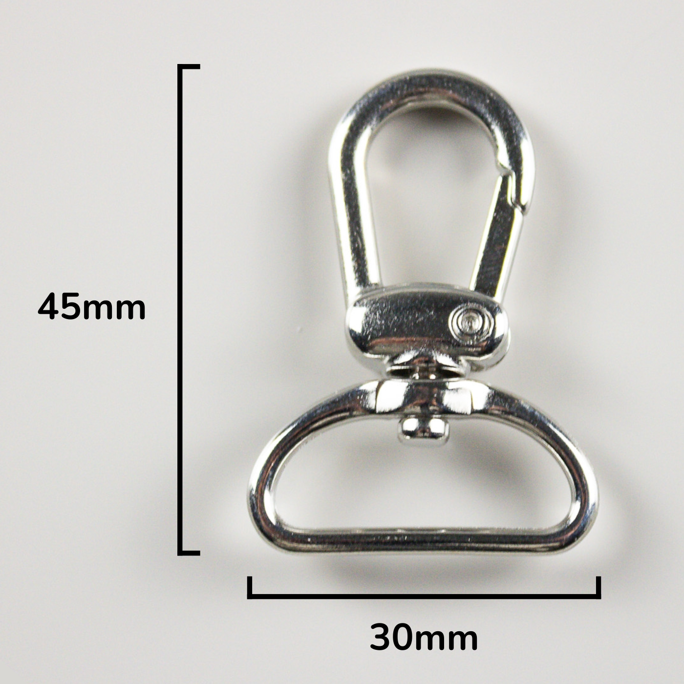Metal swivel hook with measurements on a white background