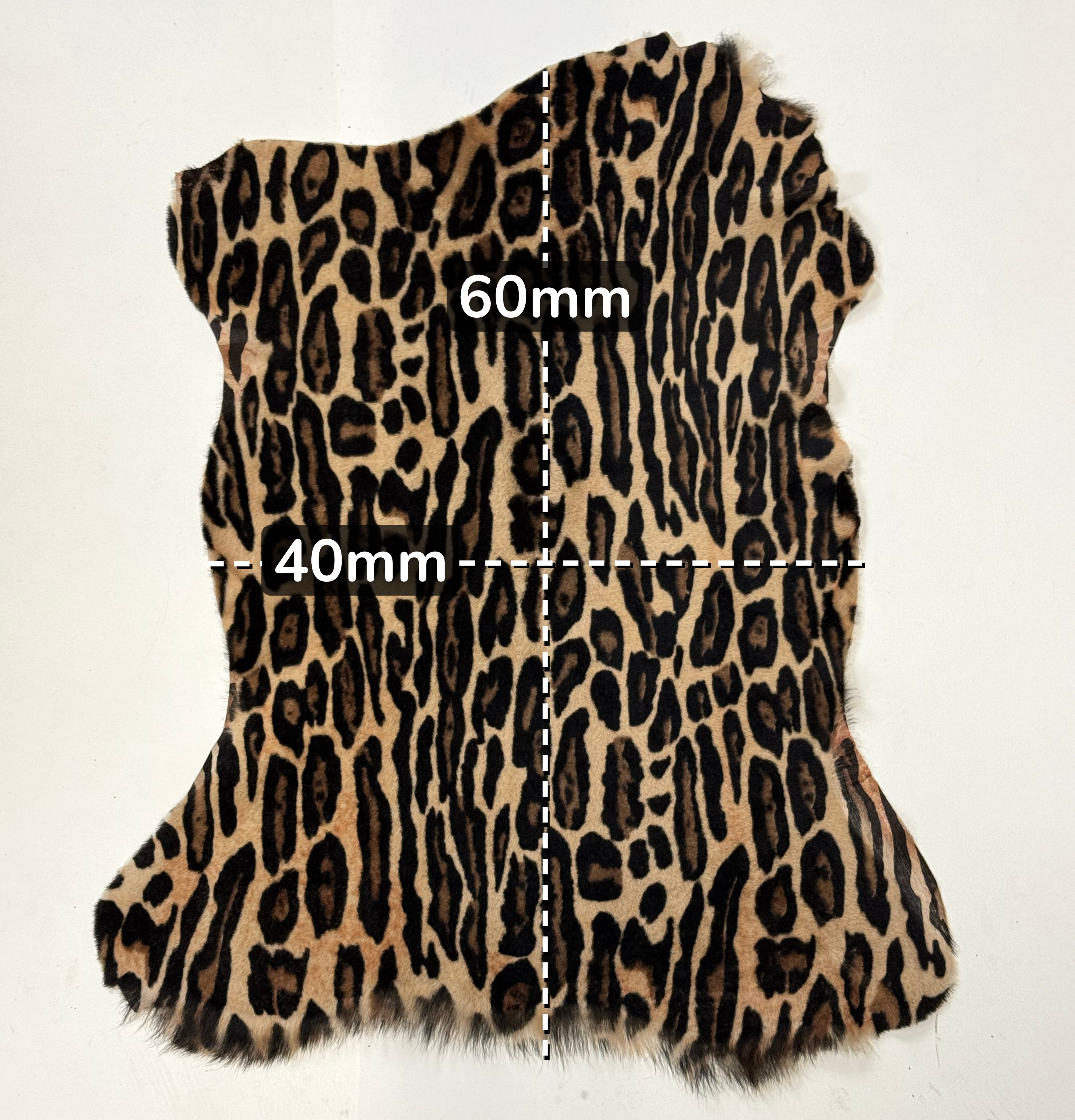 Leopard print hide with measurements on a white background