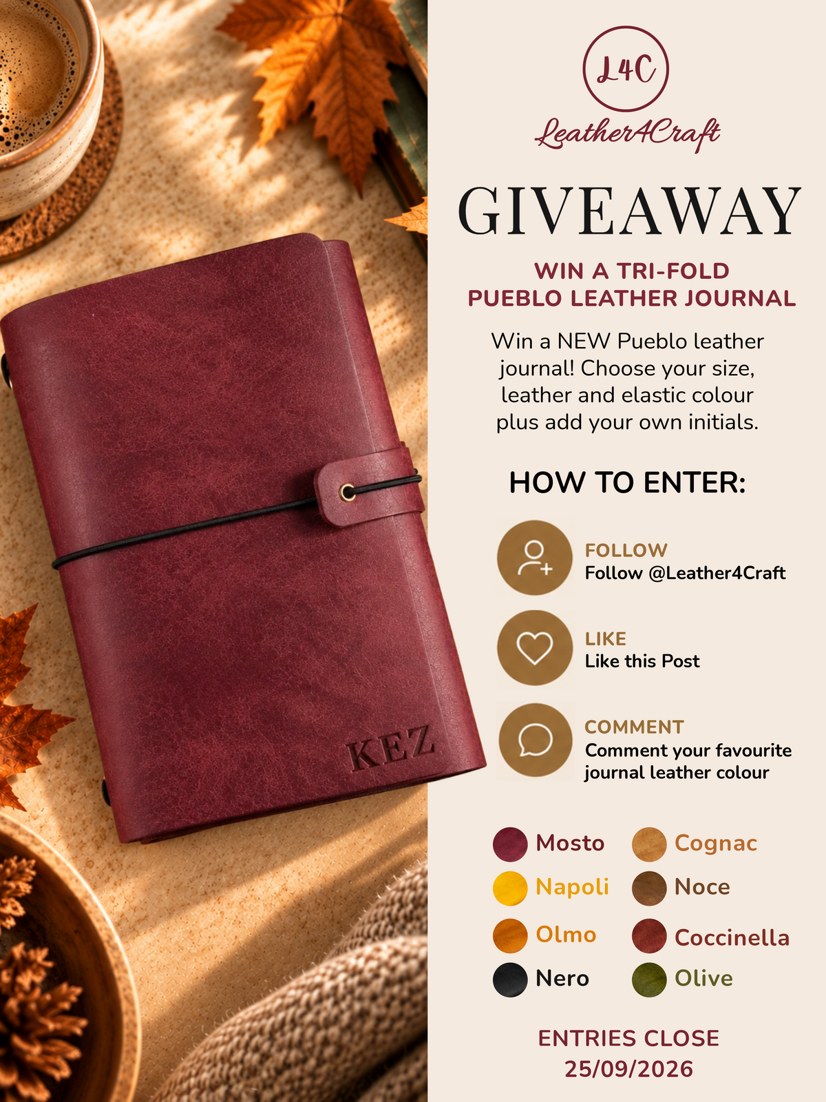 Promotional giveaway graphic for a Leather4Craft Pueblo leather journal. A burgundy leather tri-fold journal with a black elastic band and a monogrammed tab reading 'KEZ' is displayed on a styled flat-lay with autumn leaves, a candle, and a knit blanket.