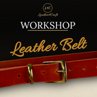 Red leather belt with gold buckle on a black background, featuring 'Leather4Craft' branding.