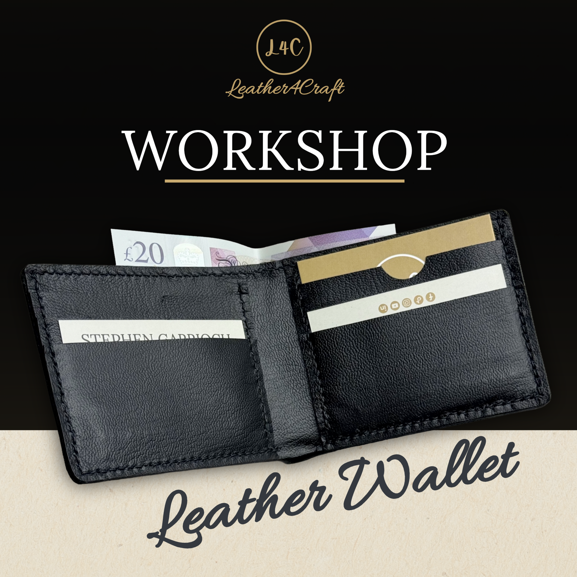 Black leather wallet with card slots and currency notes, branded 'Leather4Craft', on a dark background.