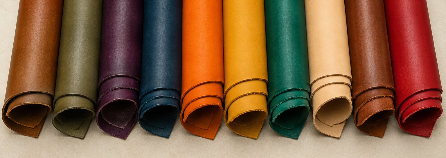 A row of rolled leather hides in multiple colors, including brown, olive green, purple, blue, orange, yellow, teal, tan, and red, arranged on a light beige surface.